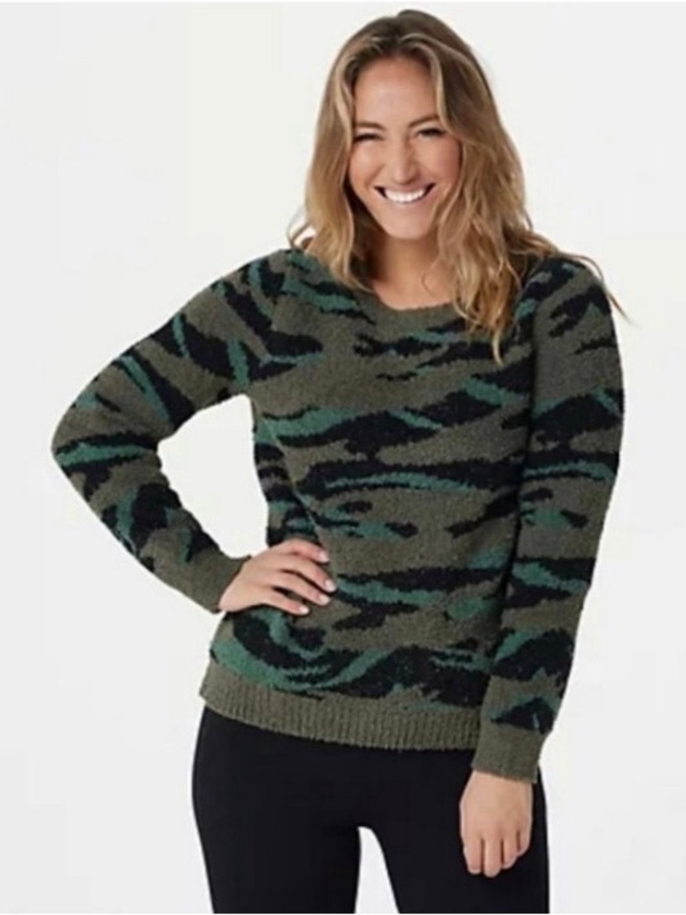 Barefoot Dreams Women L Green Camo CozyChic Seaside Crew Neck Pullover NWT